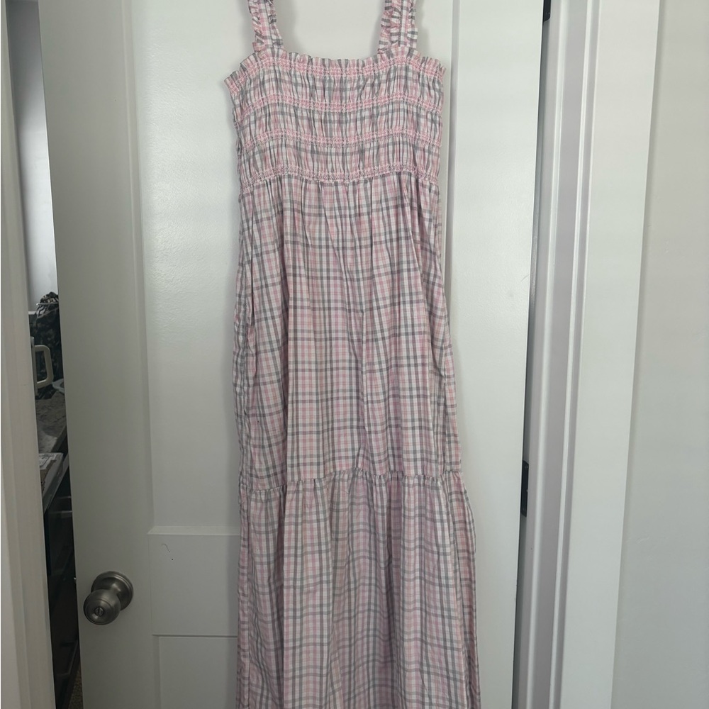 french connection peach pink grey plaid dress maxi